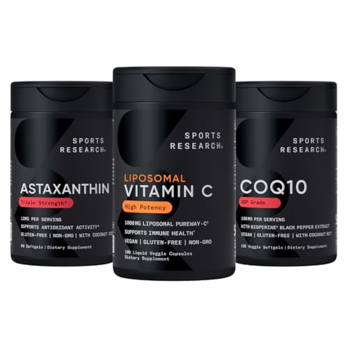 Sporta pētījumi® Antioksidantu atbalsta iepakojums - Augstas intensitātes liposomālie C vitamīna papildinājums 1000mg + Coenzyme Q10 100mg + Triple Strength Astaksantīns 12mg w/Organiskā kokosriekstu eļļa