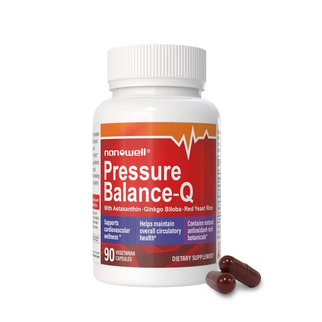 NANOWELL® Pressure Balance-Q • Antioksidanta formula ar dabisko ne-GMO astaksantīnu 12 mg uz kapsulām, Ginkgo Biloba, Policosanol, Red Yeast Rice, un rozmarīna ekstrakts - 90 Veģetārās kapsulas