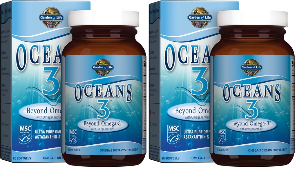 Dzīvības okeānu dārzs 3 Aiz omega 3 ar omegaksantīnu, EPA, DHA papildinājumiem, zivju eļļu ar 1200 mg omega 3, astaksantīna un brūno jūraszāļu ekstraktu - 60 softgeliem (2. iepakojums)