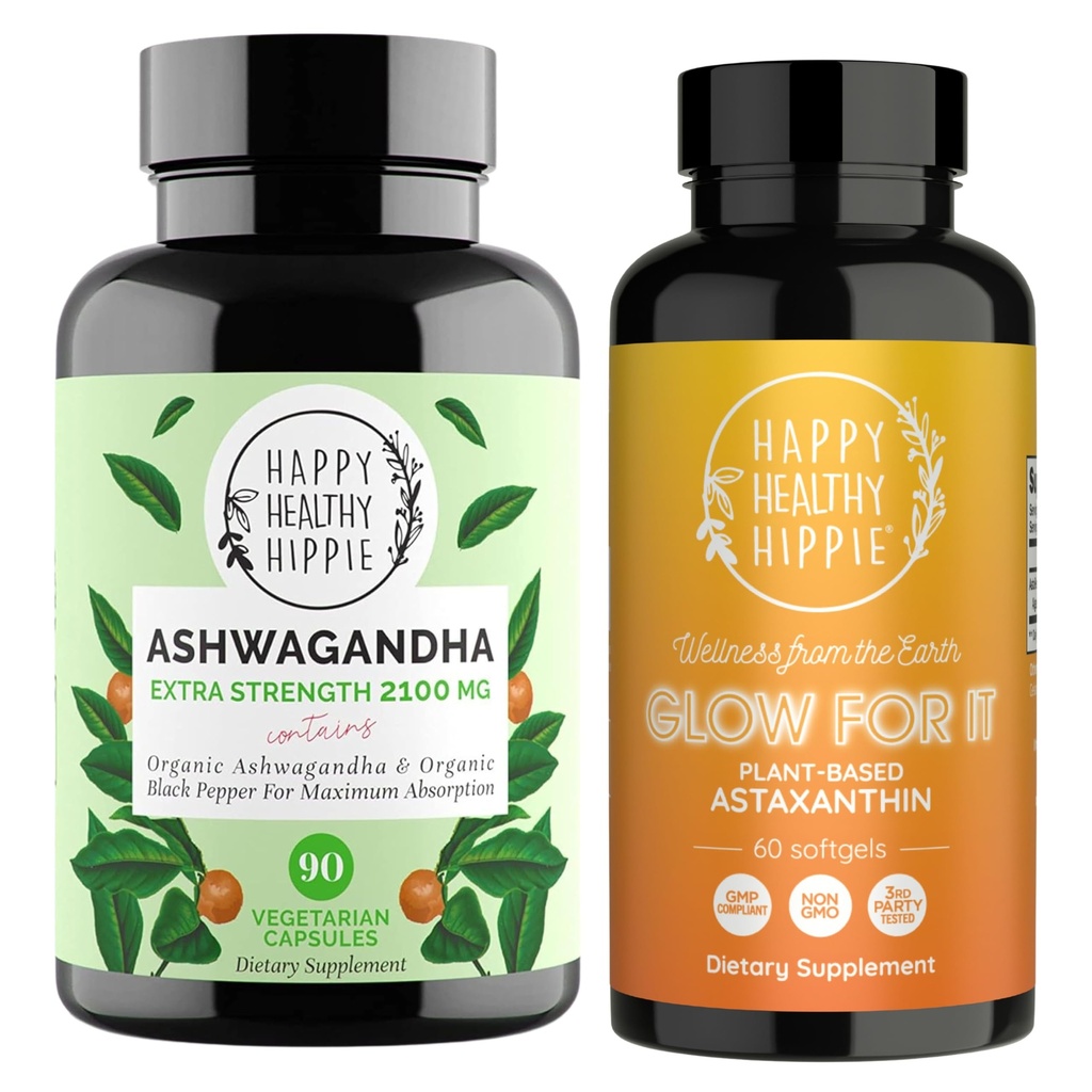 Happy Healthy Hippie Glow for it Astaksantīna Papildinājums un Organic Ashwagandha kapsulas