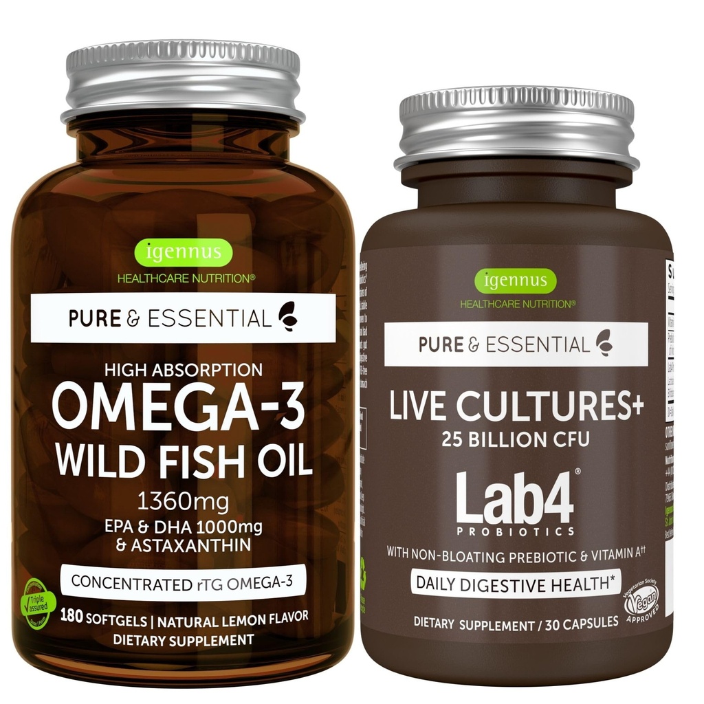 Omega 3 savvaļas zivju eļļa 1360mg + dzīvās kultūras+ Lab4 Probiotikas Bundle, 1000 mg EPA un DHA ar astaksantīnu + 25 miljardi KVV Lactobacillus Acidophilus & Bifidobacterium wi