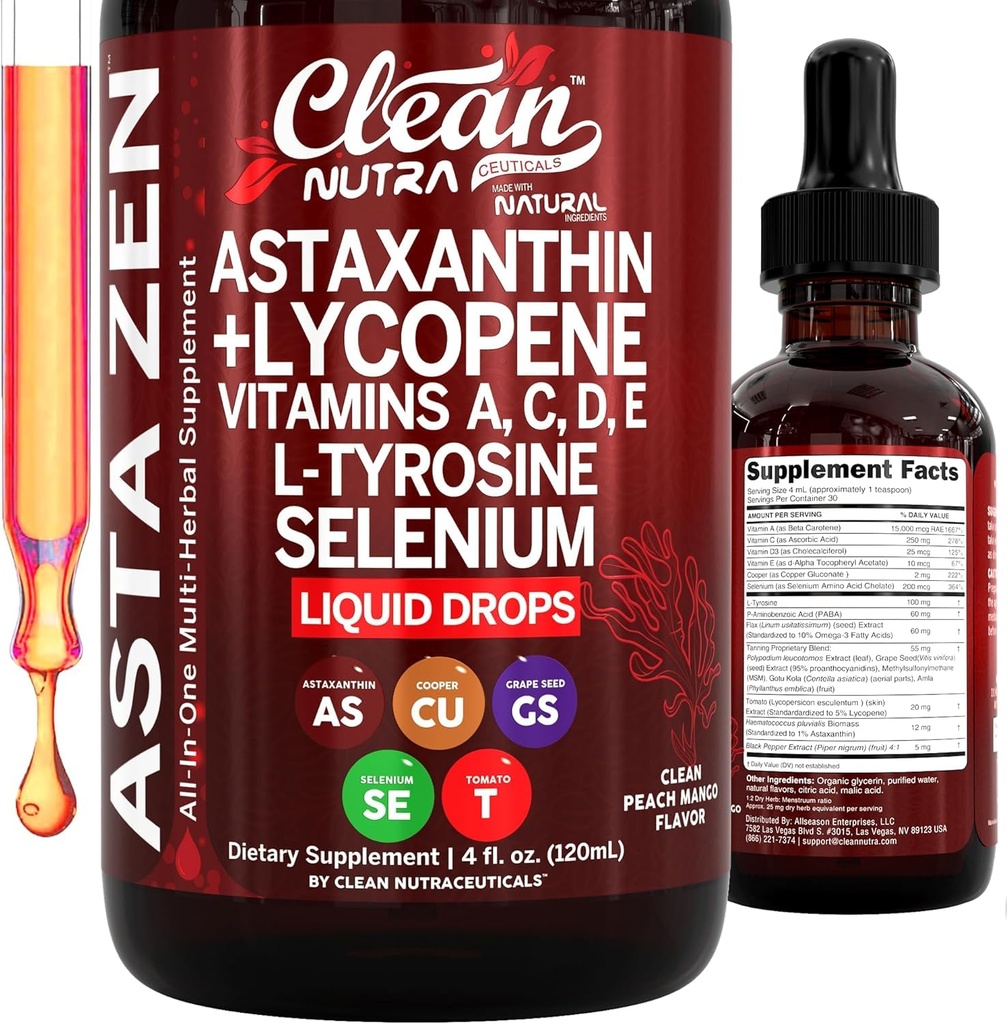 Tīrs Nutra Astaksantīns Lycopene Šķidrais pilieni Absorbcija Atbalsts Vitamīni A C D E 4 fl oz – Spēcīga dabīga D3 C E A & Selēna L-tirozīna formula Tīrs antioksidants Pastiprināta Nutrient Uzņemšana