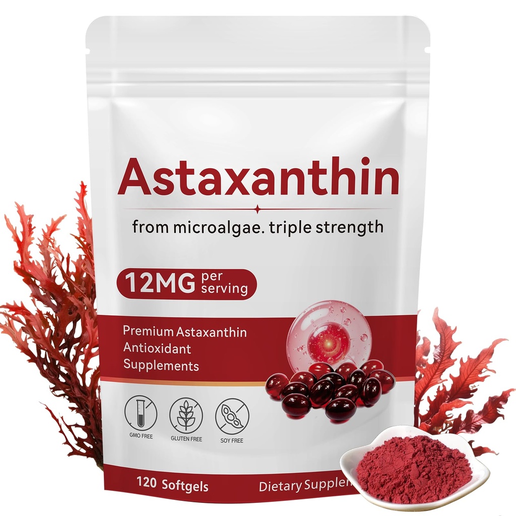Astaksantīns 12 mg, 120 softgeli, Premium astaksantīns Antioksidants papildina acu, ādas veselību, imūnu, iekšējo cirkulāciju