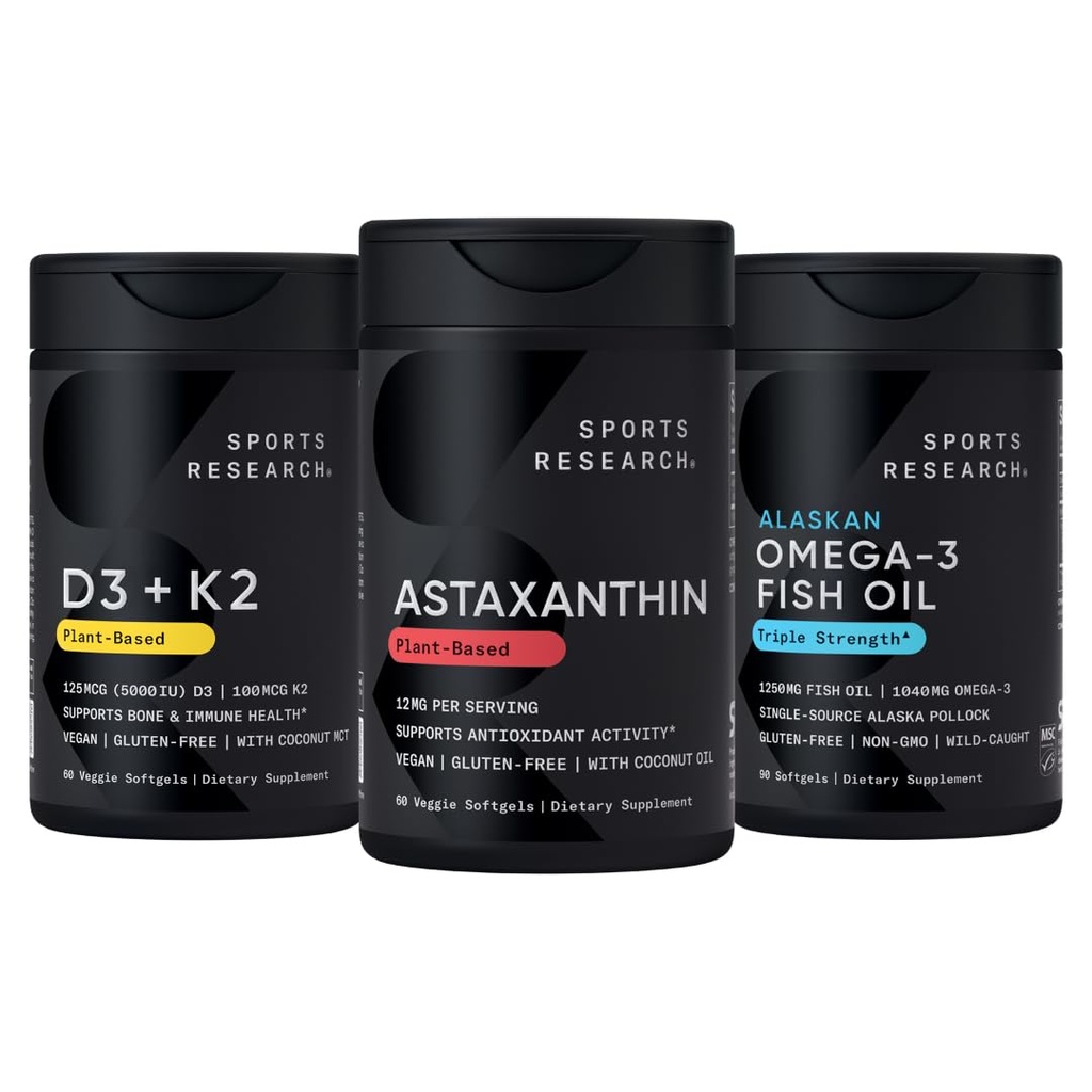 Sporta pētījumi® Antioksidantu atbalsta iepakojums w/triple Strength Vegan Astaksantīna papildinājums no Aļģēm, omega-3 zivju eļļa 1250mg, un vitamīns D3 5000iu & Mk7 K2 vitamīns ar kokosriekstu MCT Eļļa