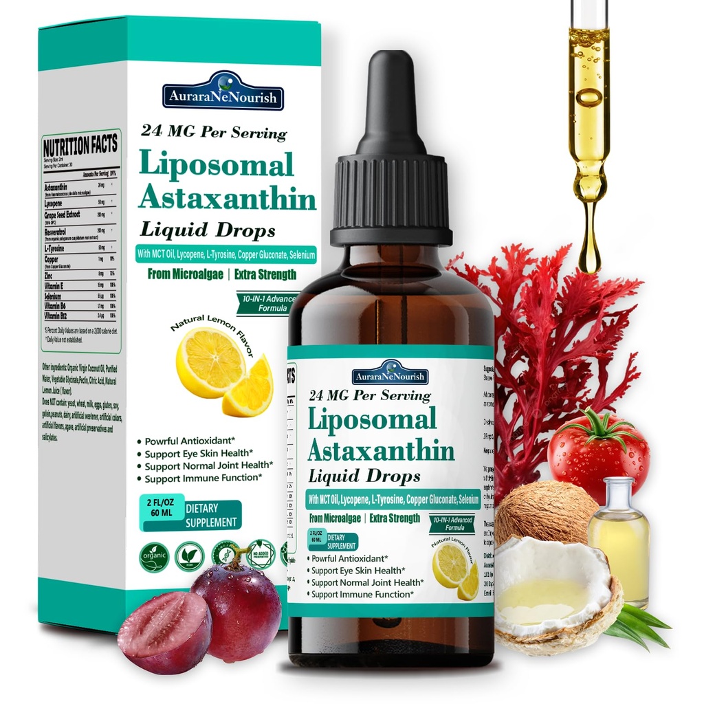 Liposomālā astaksantīns 24mg Šķidrie pilieni, 11-in-1 Antioksidants ar MCT eļļu, Likopēns un organiskā kokosriekstu eļļa, svaiga mikroaļģu avots, atbalsta acu ādas locītavu veselību sievietēm un vīriešiem, citronu uzliesmojošas vielas