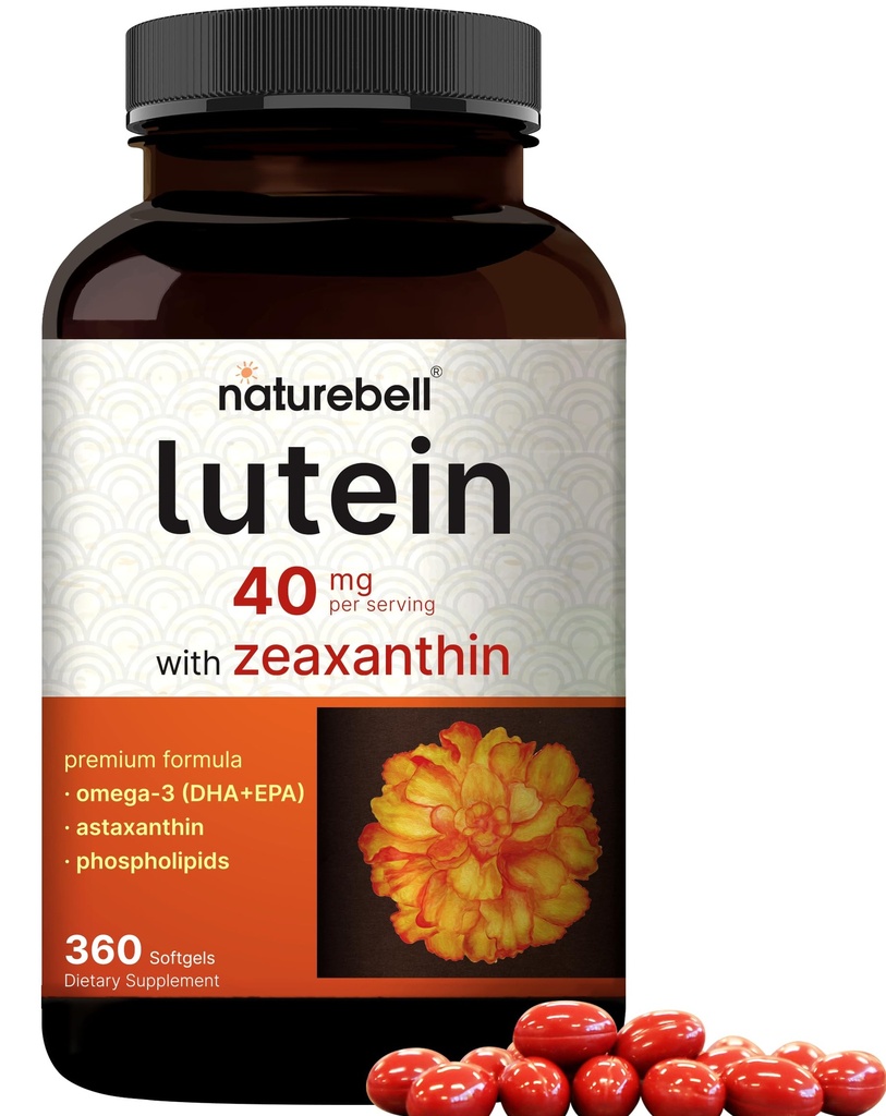 Luteīns 40mg + Zeaxanthin 1,600mcg, 360 Softgels  - 4-in-1 Formula ar astaksantīnu, Omega-3 un fosfolipīdiem -- Marigold Flower ekstrakts -- Atbalsta acu, smadzeņu un redzes veselību --- Non-GMO, bez lipekļa
