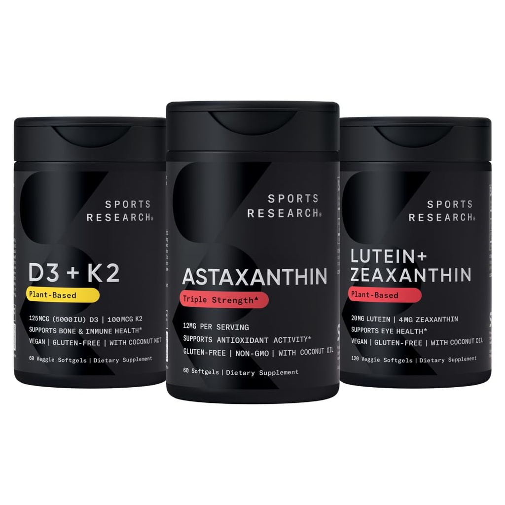 Sporta pētījumi® Antioksidantu atbalsta iepakojums w/Astaksantīns 12mg, vitamīns D3 5000iu + K2 100mcg, un luteīns 20mg + Zeaksantīns 4mg piedevas - Vegan Certified · Non-GMO · Gluten & Soy Free
