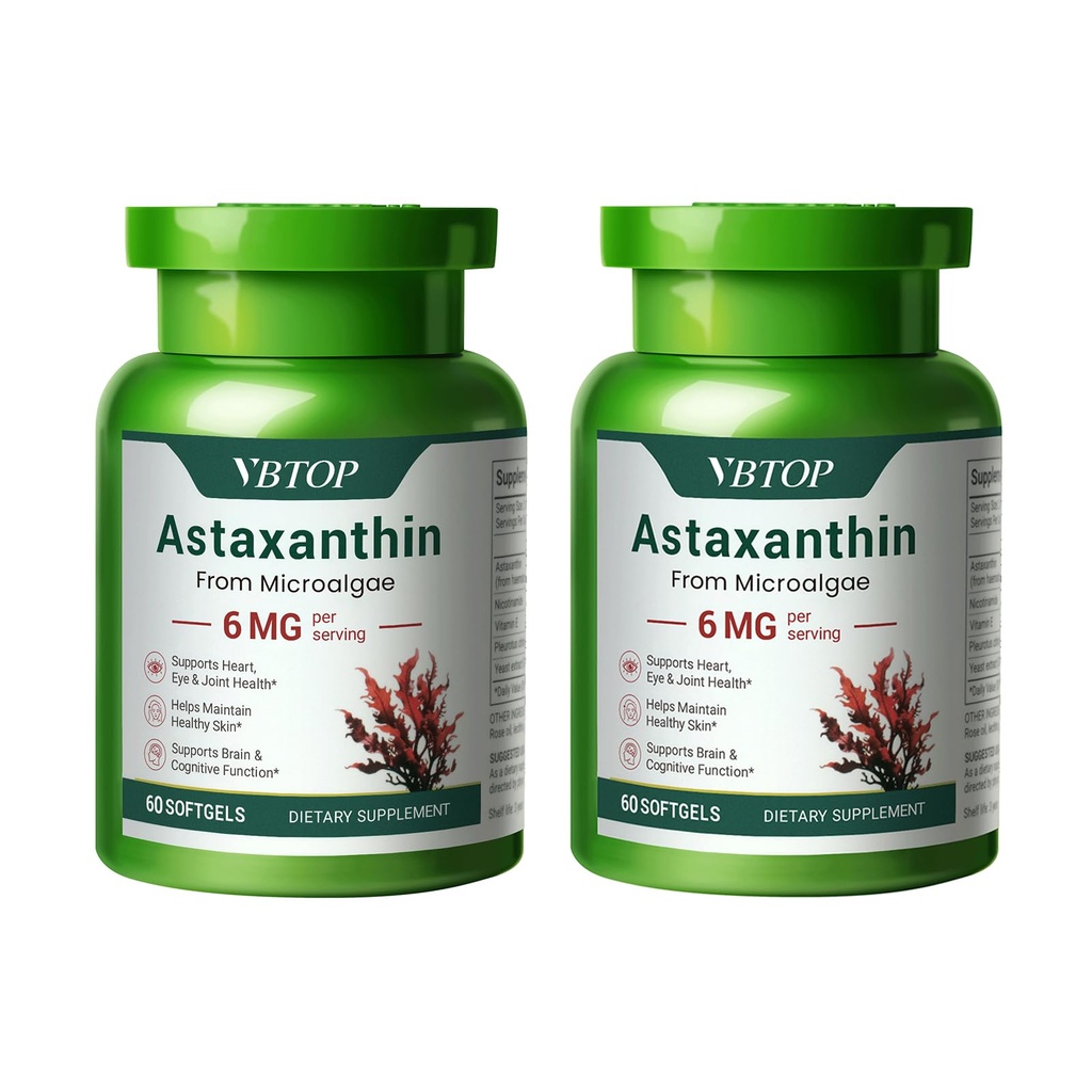 2 Pudeles Astaksantīns 6 mg, Astaksantīns Premium Papildinājums antioksidantam, uztur acu, ādas, locītavu un imūnās sistēmas veselību. Svaigs mikroaļģu avots, ne-ĢMO, bez lipekļa - 120 mīkstie geli