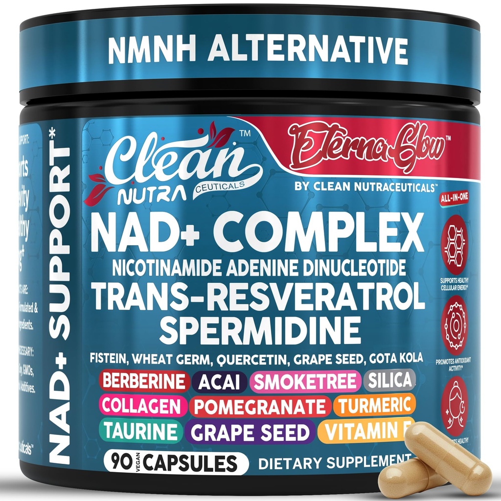 NAD Resveratrol Papildinājums Spermidīns Fisetīns Quercetin Vīnogu sēklis Gotu Kola Berberīns Astaksantīns Taurīns Granātāte Acai Pret novecošanu Ilgstošības Kapsulas vīriešiem EternaGlow by Clean Nutra 90ct