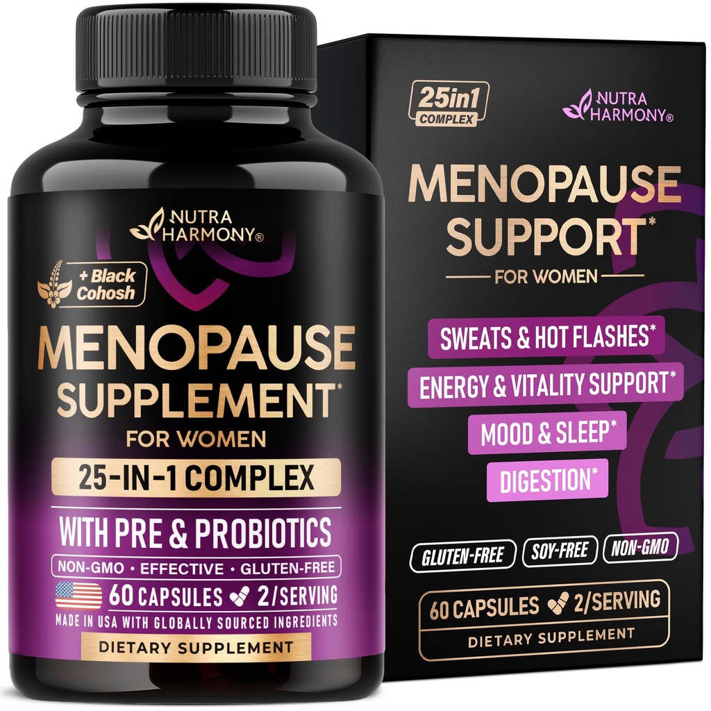 Menopauzes bagātinātāji sievietēm - Dong Quai, Black Cohosh, Pre & Probiotics - Sviedri un karstie zibspuldzes Relief - Gremošanas, miega un garastāvokļa atbalsts - 25- in-1 Perimenopauzes komplekss - Ražots ASV - 60 Kapsulas