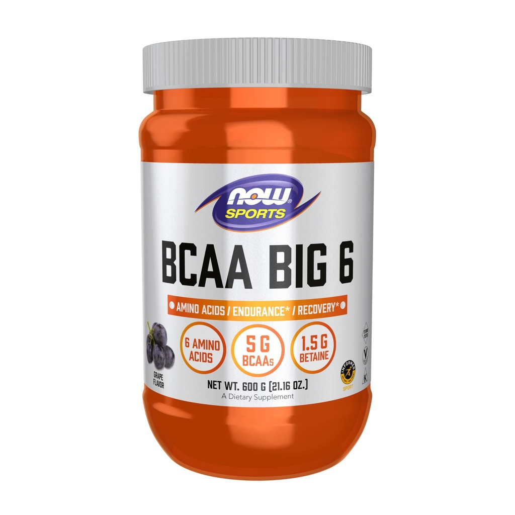 NOW Foods Sports Nutrition, BCAA (Bruņotās ķēdes aminoskābes) Big 6, Vīnogu Flavor, 600 Grams