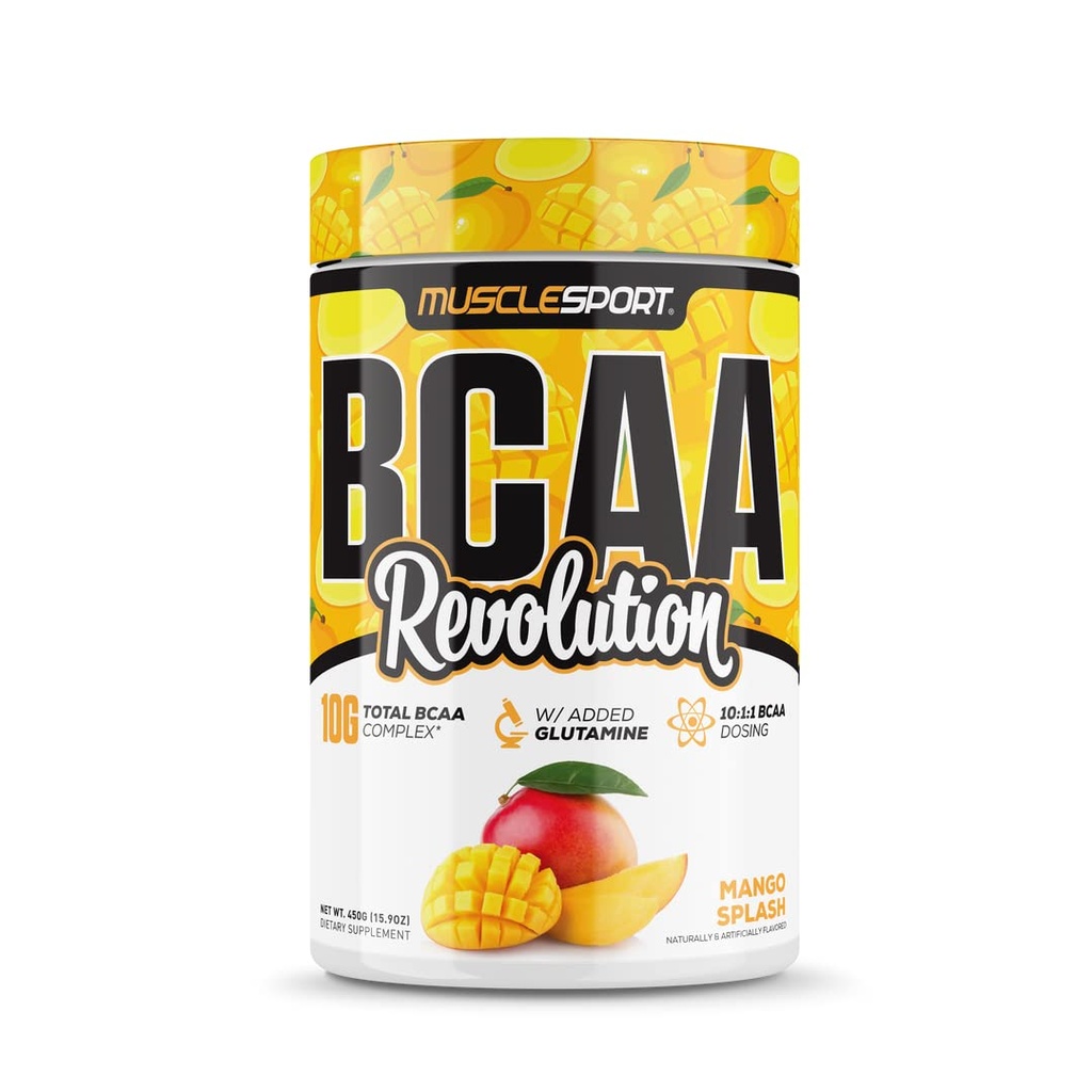Muskuļisport BCAA revolūcija Aminoskābju pulvera papildinājums vīriešiem un sievietēm - Intra Workout apmācības komplekss - Recovery papildinājums (Mango Splash, 30 Servings)