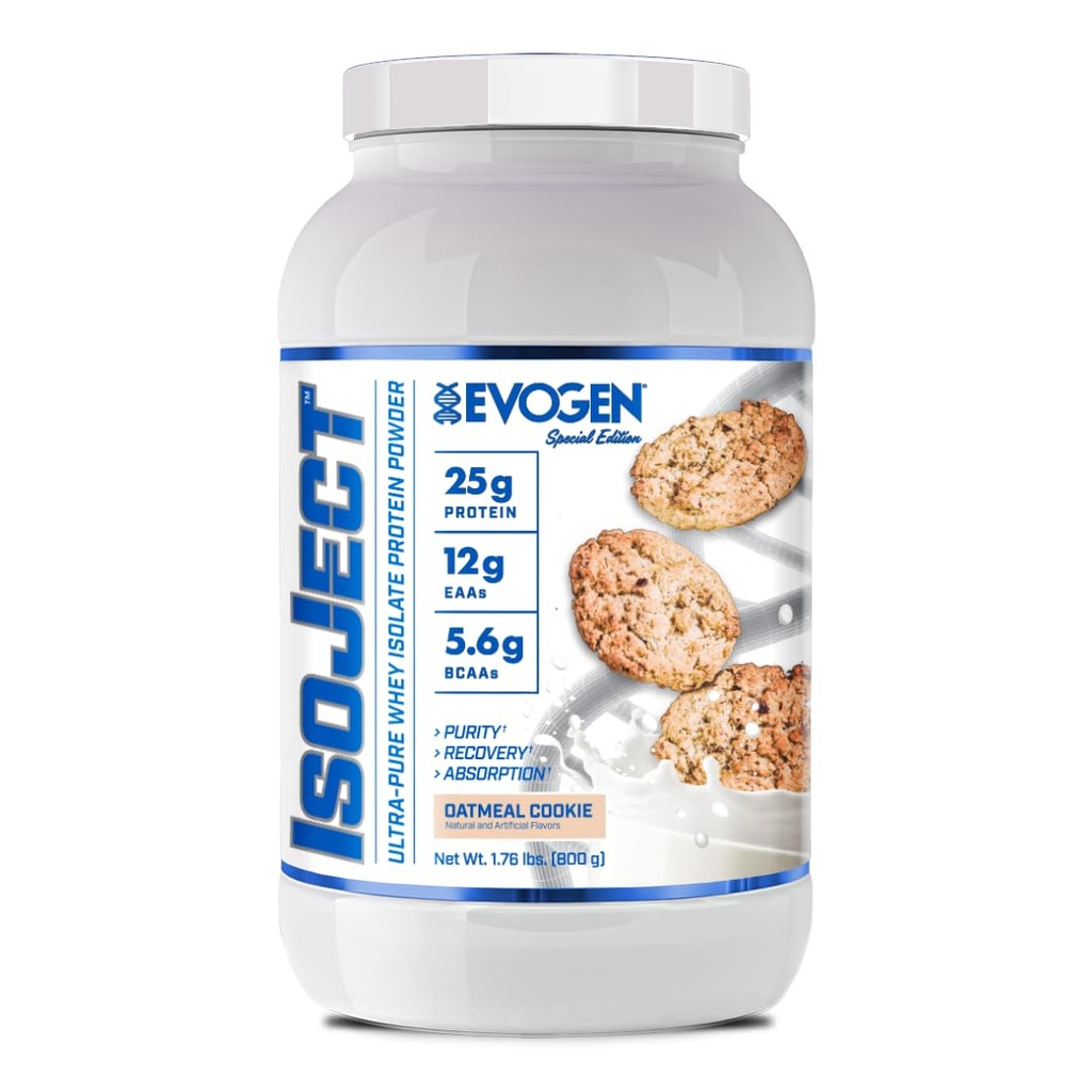 Evogen Izoject - Sūkalu olbaltumvielu izolāts - Ultra-Pure Whey Protein Pulveris ar Ignitor enzīmiem, BCAA, un EAAs - Pastiprināta Absorbcija un atgūšana - Auzu cepumi - 25 Kalpo