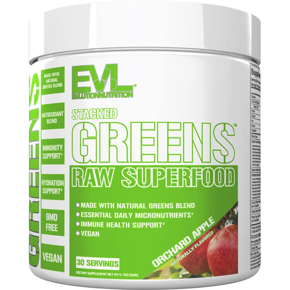 Evlution Nutrition Stacked Greens - Raw Superfood - Izgatavots ar dabas zaļumiem Blend + Essential Daily Mikroelementi - Imunity + Hydration Support - Vegan & ĢMO-free - 30 Kalpojumi - Dārza ābols