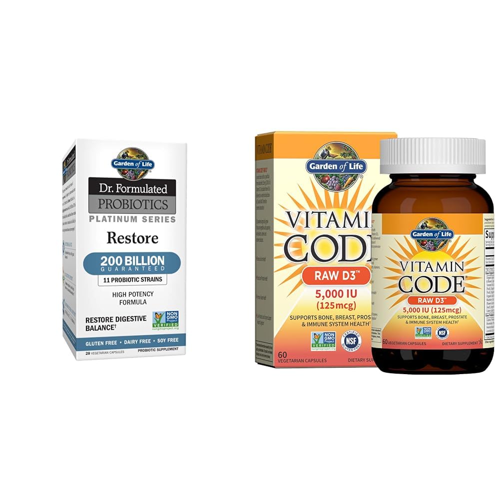 Dzīvības dārzs Dr. Formulētas probiotikas Platīna sērija Atjaunot 200 miljardus un vitamīnu D, vitamīnu kods Raw D3, D vitamīns 5000 SV, Raw Vesela pārtika D vitamīns