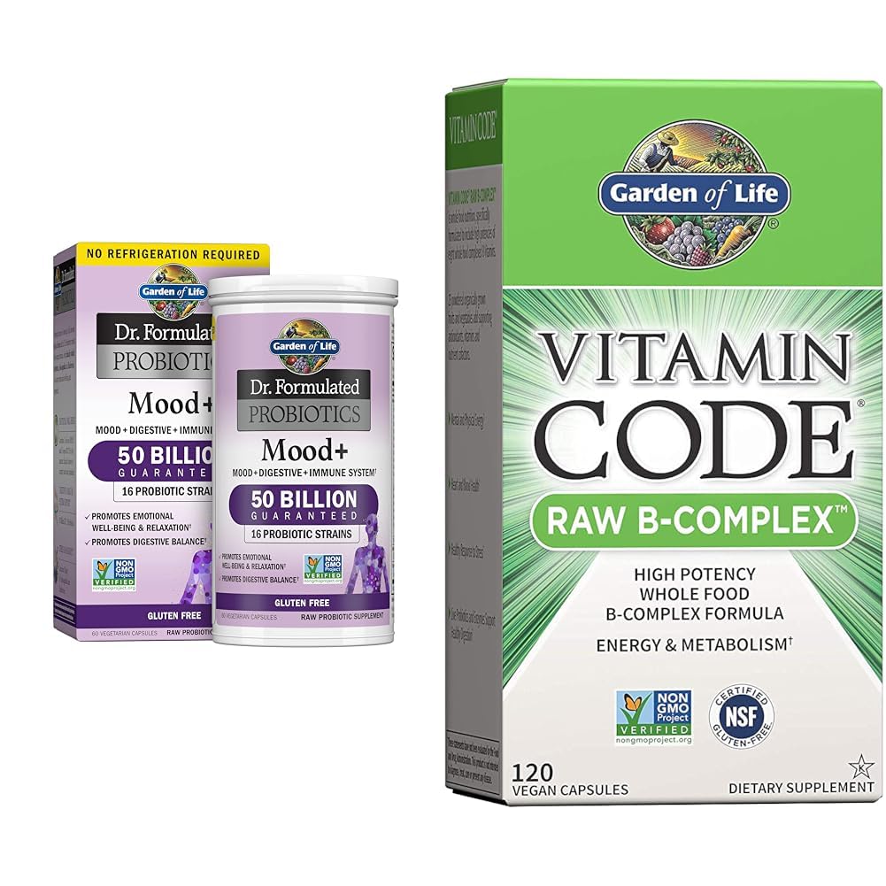 Dzīves dārzs Dr. Formulētas probiotikas Mood+ Acidophilus Probiotikas Papildinājums un B vitamīna komplekss - Vitamīnu kods Raw B Complex - 120 Vegan Kapsulas