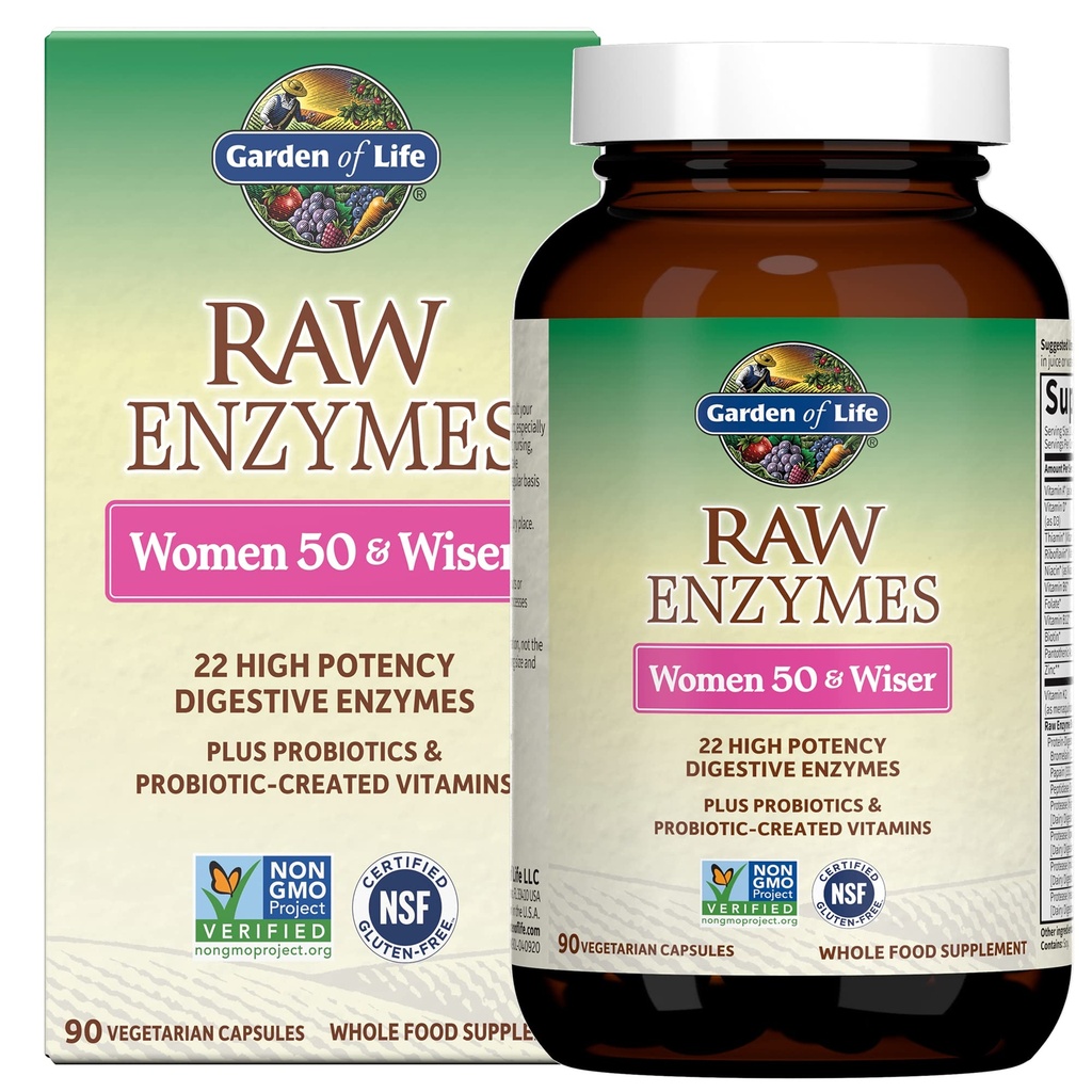 Dzīves dārzs 22 Gremošanas enzīmi sievietēm 50 un vairāk ar Bromelaīnu, papaīnu un laktāzi plus probiotikām un vitamīniem B12, biotīns un cinks – RAW enzīmi – ne-GMO, bez lipekļa, veģetārs, 90 kapsulas