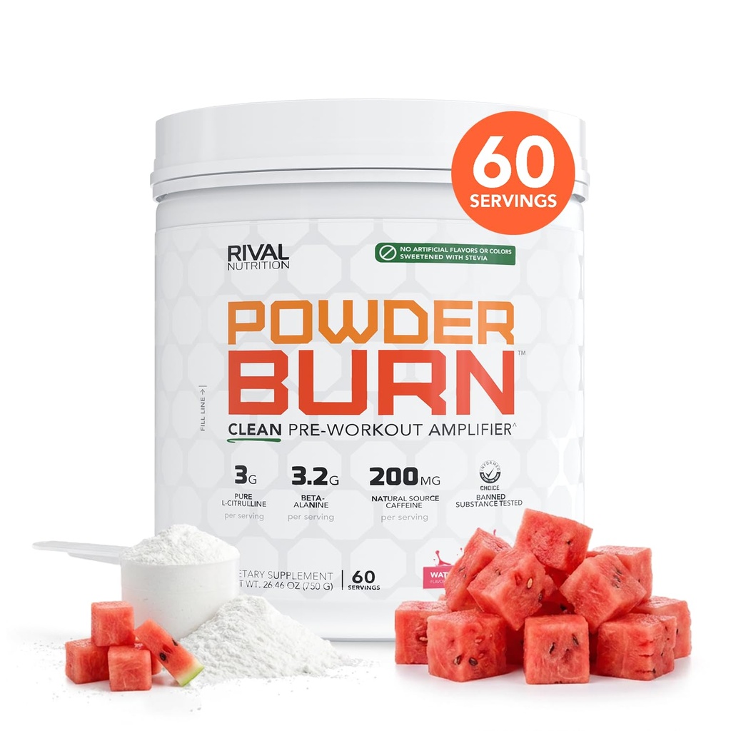 RIVAL NUTRICION pulveris Burn Pre-Workout enerģijas pulveris vīriešiem un sievietēm I Arbūzu konfektes, 60 Servējumi     ; Clean Sastāvdaļas I 3g L-citrullīns, 3.2g Beta-Alanīns un 200mg Dabas Kofeīns Per Kalpot