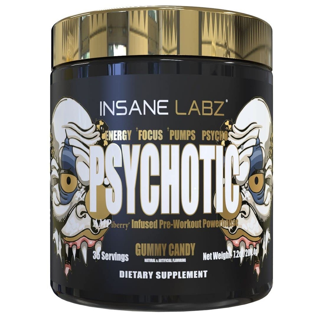 Nenormāls Labz Psychotic Gold, augsts stimulants pirms Workout pulveris, Extreme Lasting Energy Focus, sūkņi un izturība ar Beta Alanine, DMAE Bitartrate, NO Booster (35 Kalpotāji, Gummy Candy)