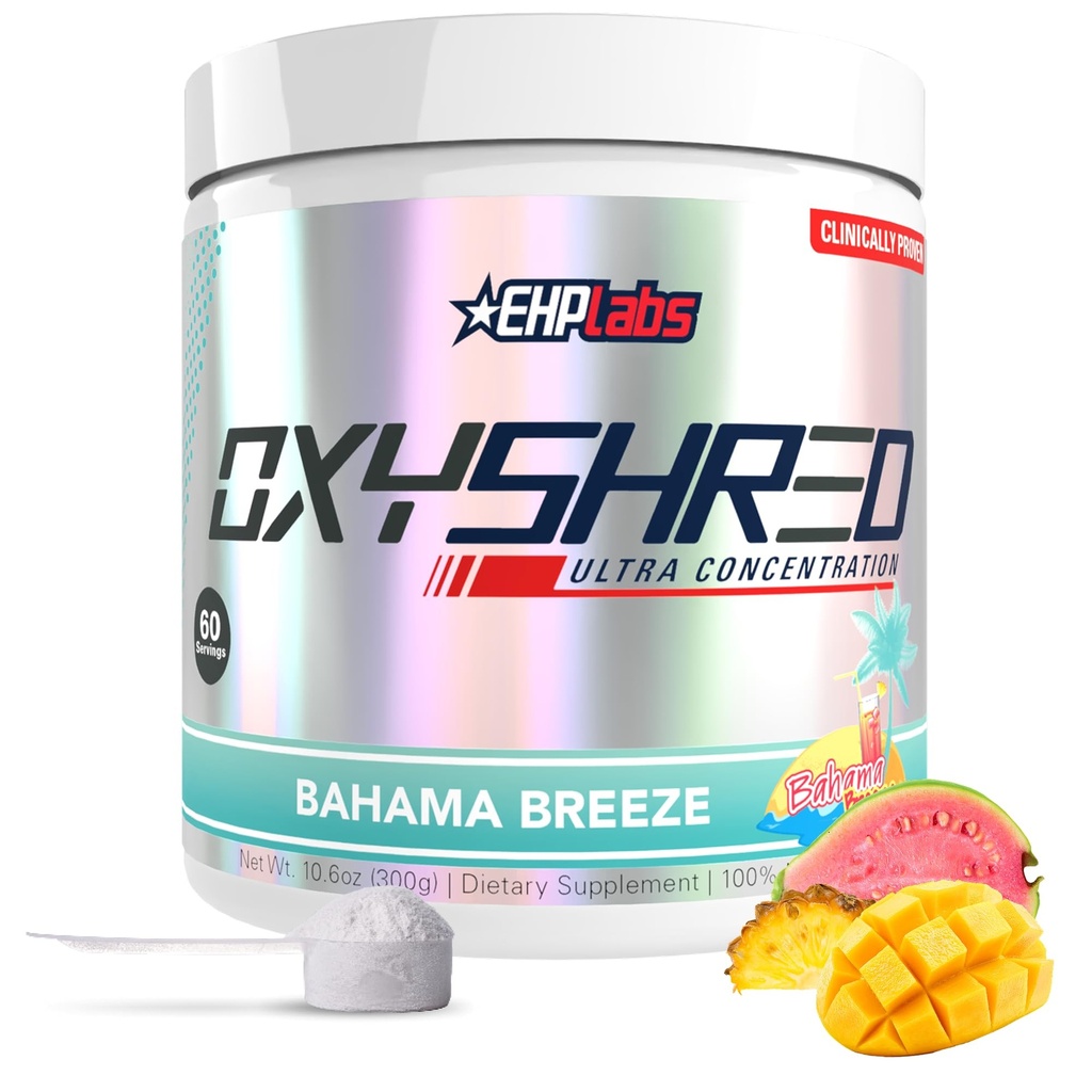 EHP Labs OxyShred Pre Workout Pulveris - Pirms treniņa Pulveris ar L Glutamine & Acetyl L Karnitīns, Enerģijas Boost Drink - Bahama Breeze/Beach, 60 Pasniedz