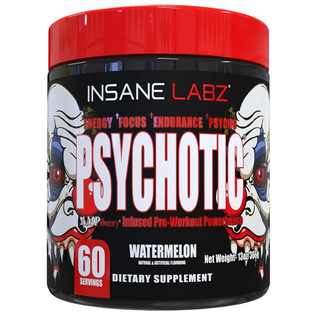 Insane Labz Psychotic, High Stimulant Pre Workout Pulveris, Extreme Lasting Enerģija, Fokuss un izturība ar Beta Alanine, Kreatīna monohidrāts, DMAE, 60 Srvgs, Arbūzs