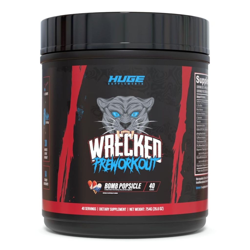 Wrecked Pre Workout Powder, Advanced Formula, Boosts Energy, Focus, Sūkņi & Veiktspēja, 10g L-Citrulline, 6.4g Beta Alanine, 5g Tirozīns, 1g Alpha GPC, 375mg Ātri iedarbojas kofeīns & More (40 Servē)
