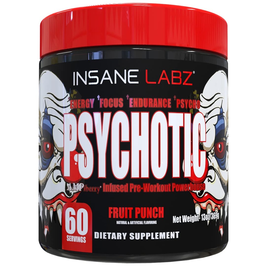 Insane Labz Psychotic, augsts stimulants pirms Workut pulveris, Extreme Lasting Enerģija, Fokuss un izturība ar Beta Alanine, kreatīnmonohidrāts, DMAE, 60 Srvgs, augļu pūderis