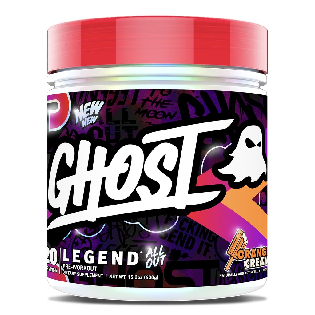 GHOST Legend All Out Pre-Workout Pulveris, Orange Cream - 20 Kalpojumi - Pirms-Workout Papildinājums vīriešiem un sievietēm - Enerģija un sūkņi - Kofeīns, Citrulīns, Beta Alanīns, Betaīns, NO3-T Bez cukura
