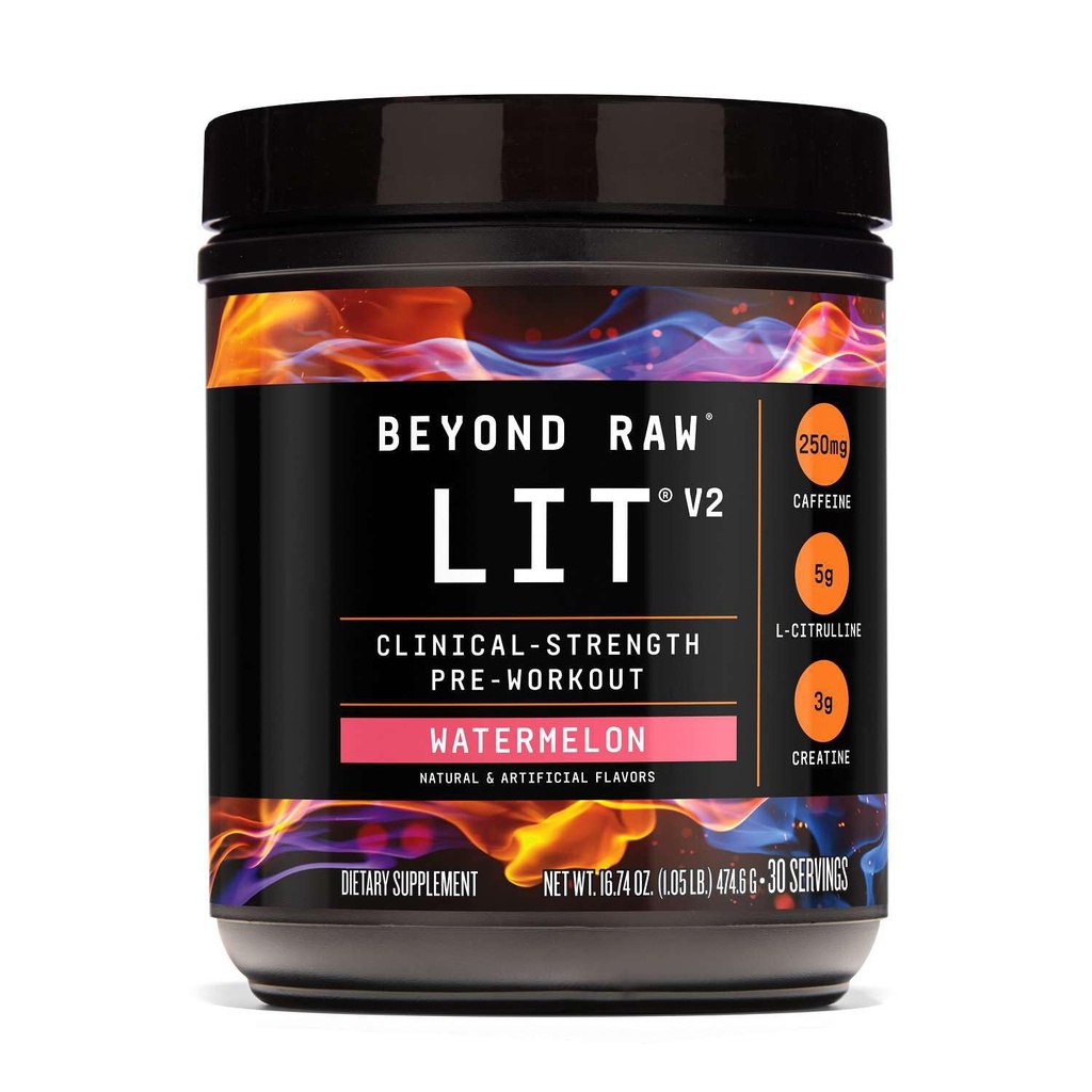BEYOND RAW LIT V2 klīniskā stipruma pirms Workout pulveris, hits cietāks, lielāki sūkņi, kofeīns, L-citrullīns, kreatīns, arbūzs, 30 Kalpo