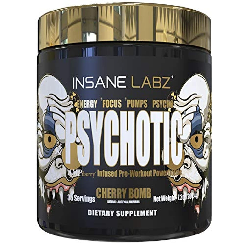 Insane Labz Psychotic Gold, High Stimulant Pre Workout Pulveris, Extreme Lasting Enerģijas Focus, Sūkņi un izturība ar Beta Alanine, DMAE Bitartrate, NO Booster (35 Kalpo, Ķiršu Bumba)