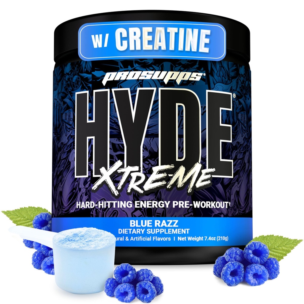 ProSupps Mr Hyde Xtreme Pre Workout Pulveris ar kreatīnu, Beta Alanine & Kofeīns – Extreme Energy, sūkņi, Focus & Performance - Fitness un vingrošanas bagātinātāji vīriešiem un sievietēm (Blue Razz, 30 Servējumi)