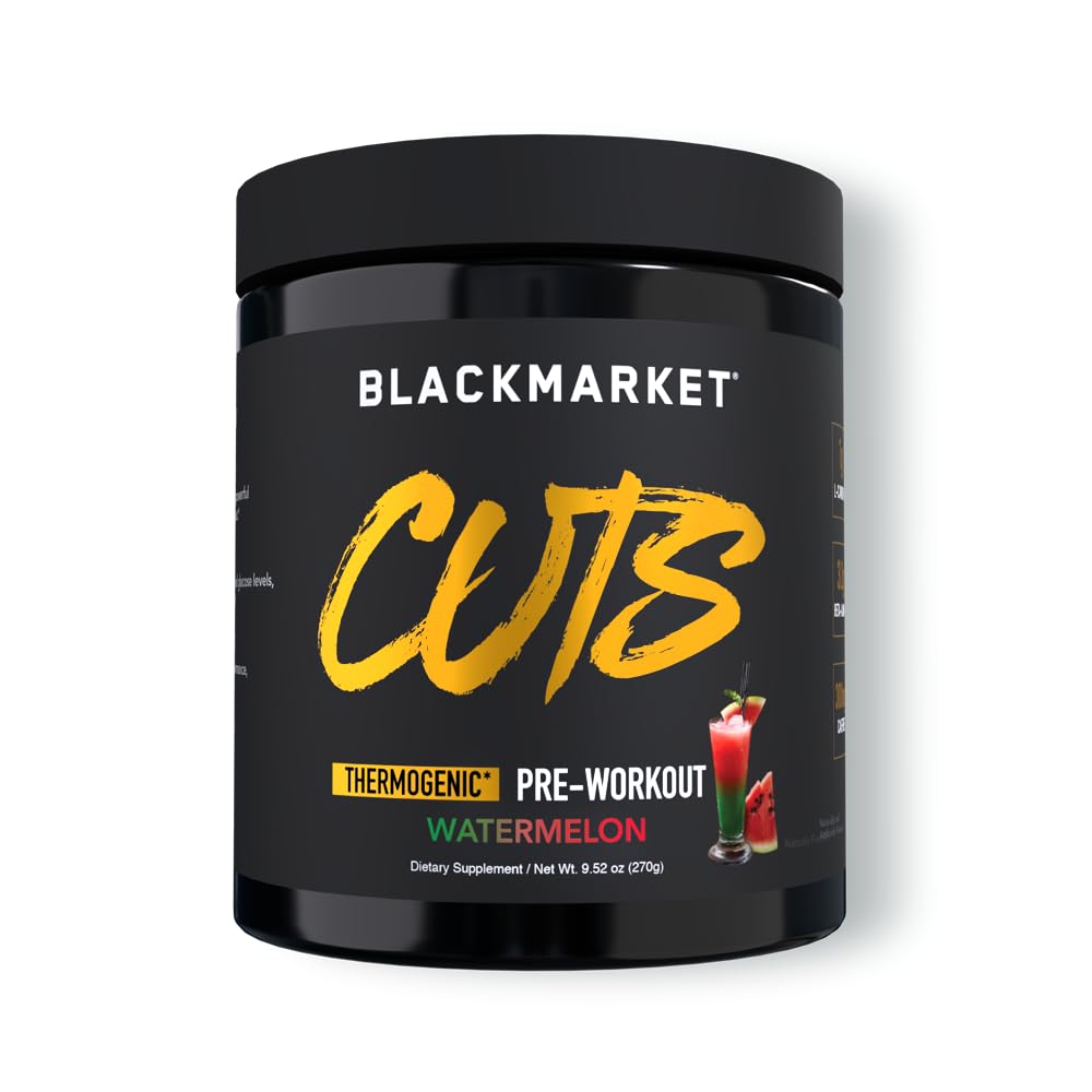 BLACKMARKET CUTS Pre Workout - aromatizēta enerģija pulverveida dzērienu maisījums vīriešiem un sievietēm, Great muskuļu definīcija, termogēns, bez kreatīnu (Ūdensmēlene, 30 Kalpo)