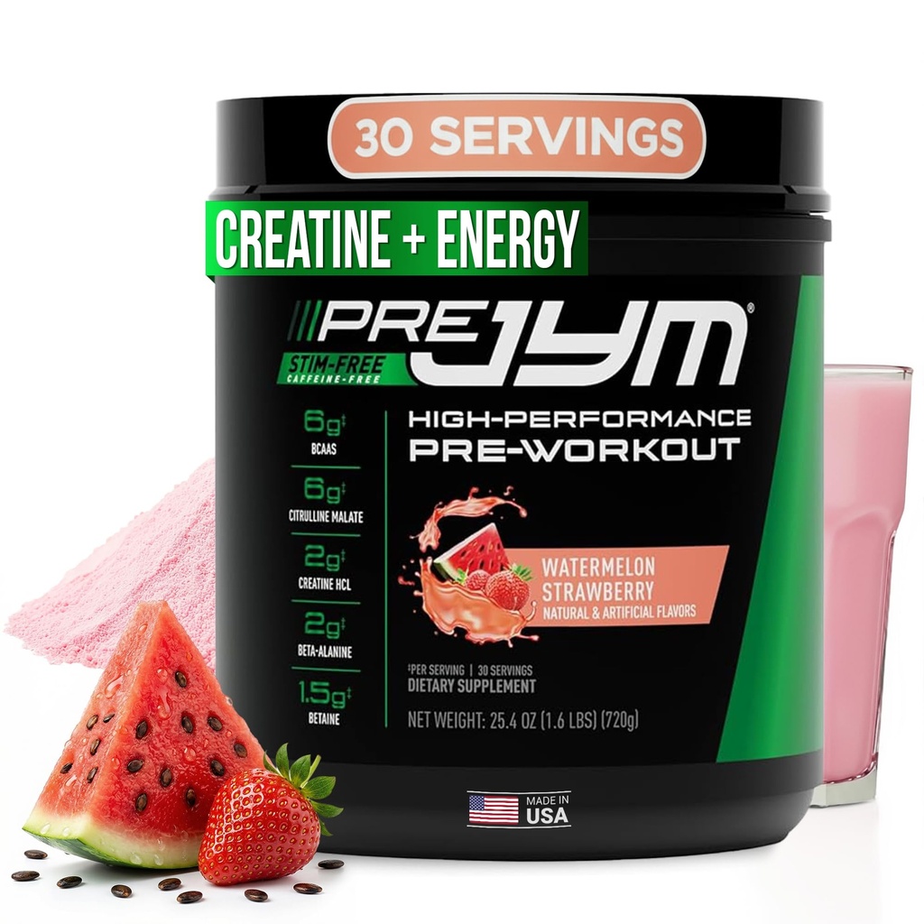 Pre JYM Bez arbūza zemeņu pirmsstrādāšanas pulveris, kreatīns, nav kofeīna, citrulīns, betaīns, BCAA's, Taurīns, Alpha-GPC, Huperzine, 30 Kalpo