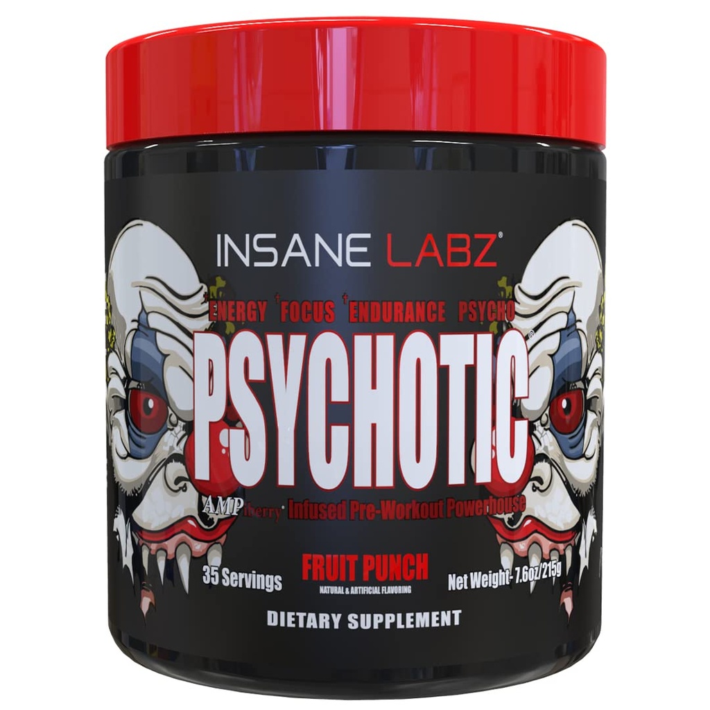 Insane Labz Psychotic, augsts stimulants pirms Workut pulveris, Extreme Lasting Enerģija, Fokuss un izturība ar Beta Alanine, kreatīnmonohidrāts DMAE, 35 Srvgs (Augu Punch)