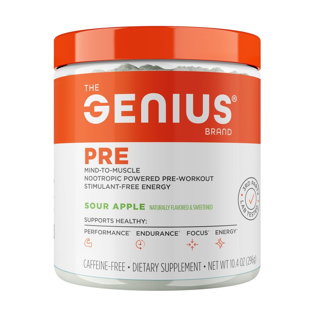 Genius Pre Workout pulveris, skābais ābols - bez kofeīna un bez kofeīna Slāpekļskābes oksīda pastiprinātāja papildinājums ar Beta alanīnu un alfa GPC - bez mākslīgiem uzlējumiem, saldinātājiem vai krāsvielām
