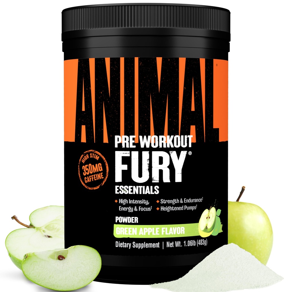 Dzīvnieku Fury Pre Workout Pulveris - Green Apple, 350mg kofeīns, BCAA aminoskābes, 2g Beta Alanine, Citrulline & Tirozīns, enerģija, Focus, stiprums, izturība, Preworkout vīriešiem un sievietēm, 30 Kalpo