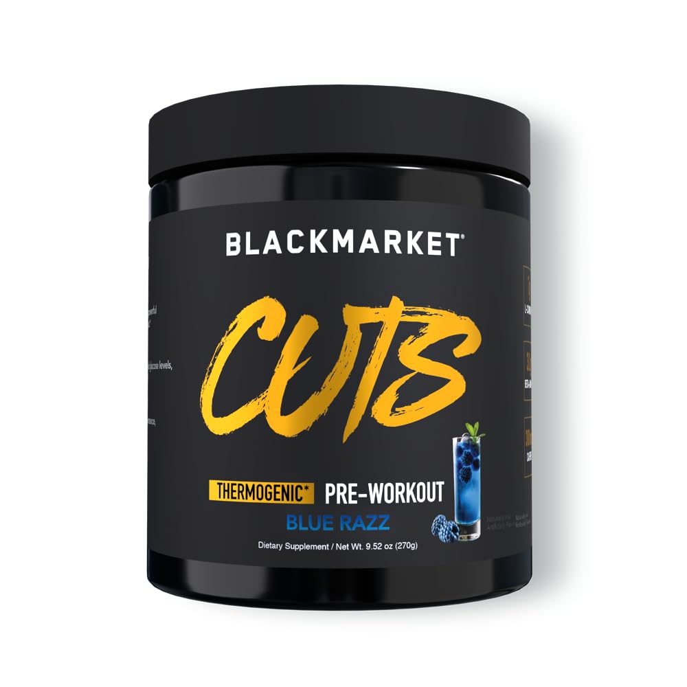 BLACKMARKET CUTS Pre Workout - uzliesmo enerģijas pulverveida dzērienu maisījums vīriešiem un sievietēm, Great muskuļu definīcija, termogēna, kreatīnu bez, (zilā lācīte, 30 Kalpojumi)