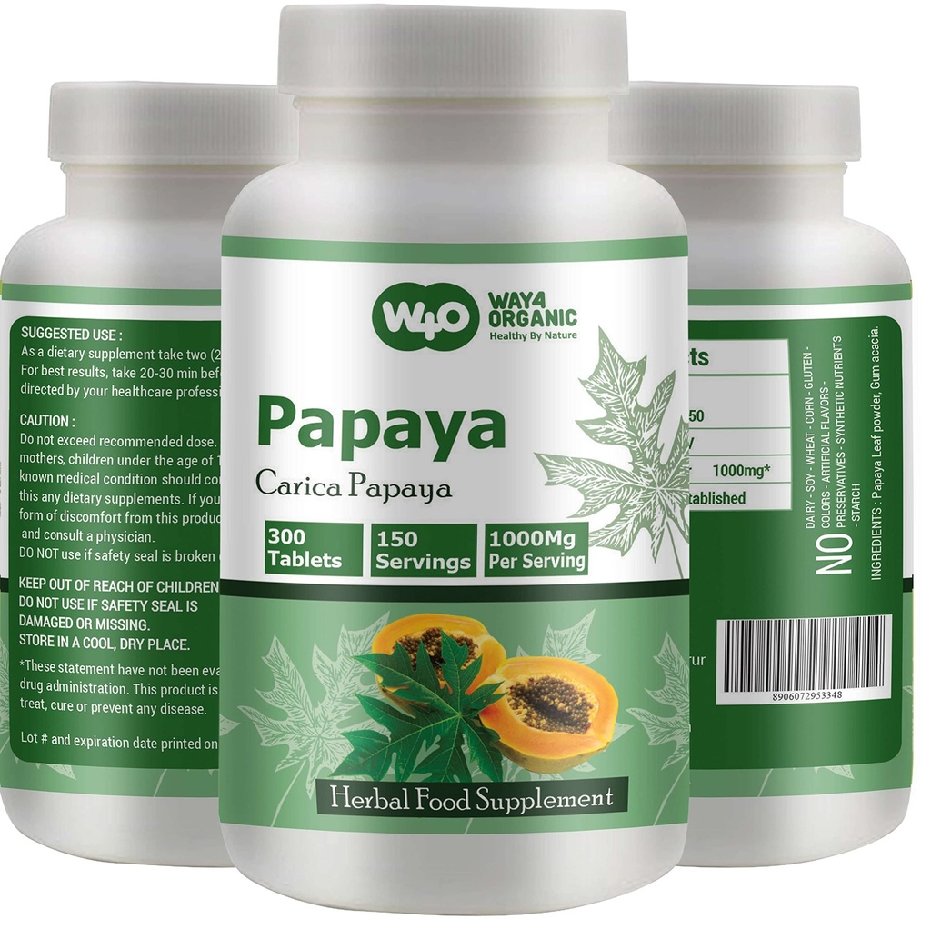 Papaya Leaf ekstrakta kapsulas (tabletes) - 300 tabletes, 150 Kalpojumi, 1000 mg, atbalsts Trombocītu viendabība un Gremošana* (1. iepakojums)