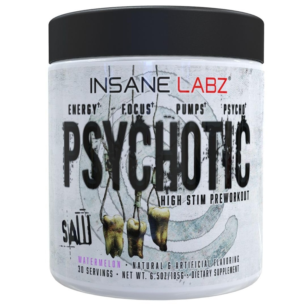 Insane Labz Psychotic Saw, High Stim Pre Workout Pulveris ar OxyGold-TM un AMPiberry®,Extreme Lasting Enerģija ar Teacrine®, Focus ar CognitIQ® un izturība (30 Kalpo, Arbūzs)
