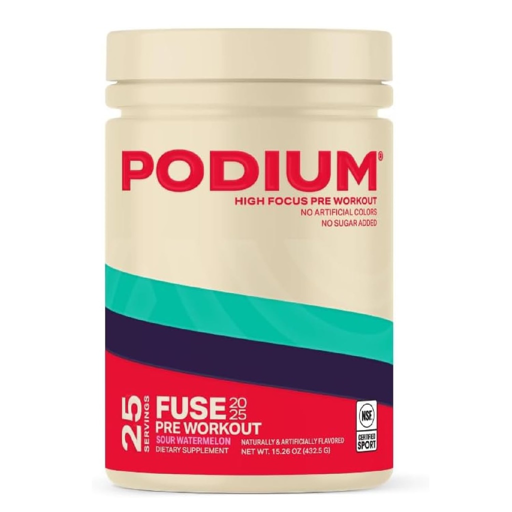 Podium Nutrition, Fuse 2025 Pre Workout Pulveris, Skābais arbūzis, 25 Kalpo, Beta Alanine un kofeīns enerģijai, bez lipekļa, bez sojas, bez piena