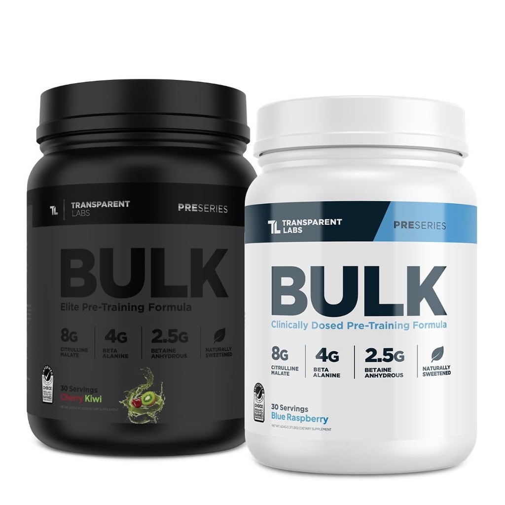 Transparent Labs Bulk Pre Workout Pulveris muskuļu ēkai un stiprumam - 30 Kalpojumi, Blue Aveņu un Bulk Black Pre Workout ar Beta Alanine - 30 Kalpojumi, Ķiršu Kivi