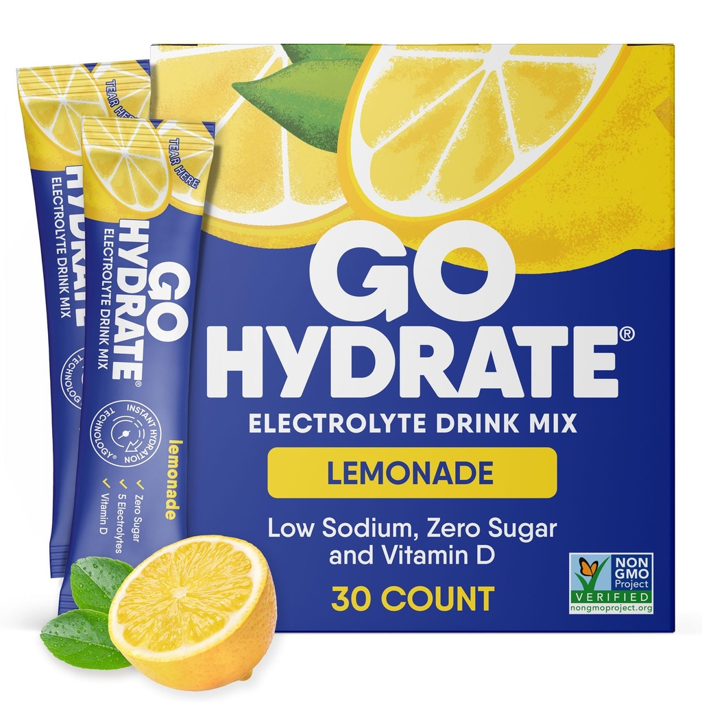 GoHydrate zemu nātrija Elektrolītu pulvera paciņas Bezcukura - Tūlītēja hidratācija Dzēriens Mix - Nulle Cukura Ūdens Uzliesmojošs Packet Vientuļi ar vitamīnu D - (Lemonāde, 30 Iepakojumi)