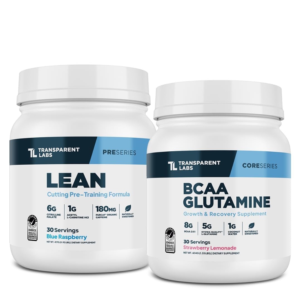 Caurspīdīgs Labs Lean Pre-Workout Pulveris (30 Kalpo, Zilā Avenes) & BCAA Glutamine (30 Kalpo, Zemeņu Lemonāde)