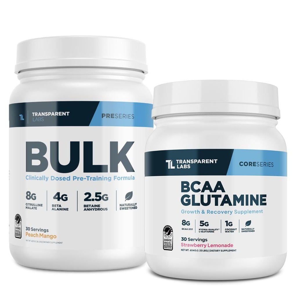 Caurspīdīgs laboratorijas Bulk Pre-Workout (30 Servē, Persiku Mango) & BCAA Glutamīns (30 Servē, Zemeņu Lemonāde)
