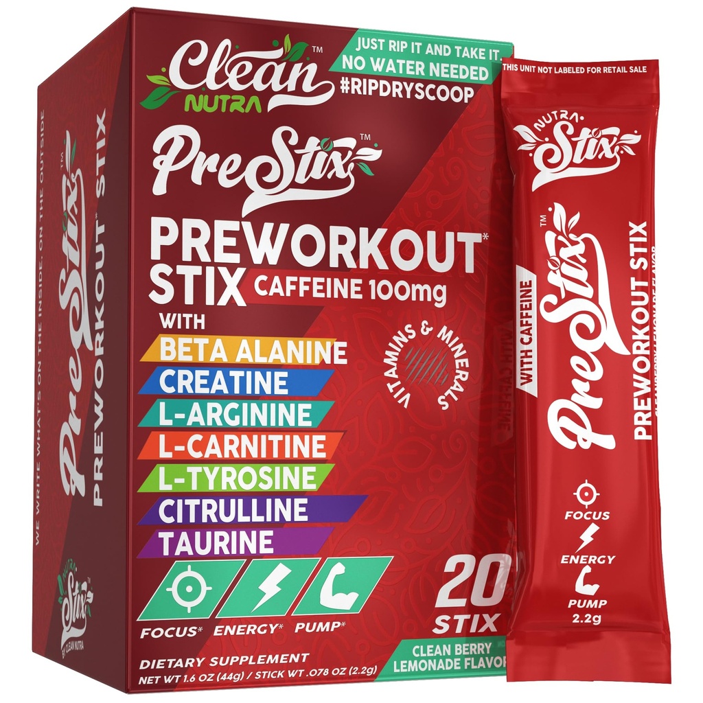 Tīra Nutraceuticals pirms treniņa pulvera enerģijas uzlīmes - kofeīns 100mg, enerģijas dzērienu maisījums, kreatīnmonohidrāts, beta alanīns, L-citrulīns, L-tirozīns, L-karnitīns, elektrolītu hidrācijas paketes 20 Ct