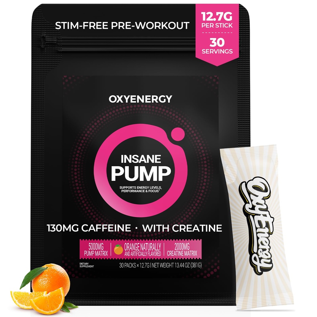 OxyEnergy Pre Workout Pulveris - Oranžs, Non Stim 130mg Zems kofeīns, On-The-Go paketes ar Beta Alanine, kreatīnmonohidrāts un Taurīns jutīgiem lietotājiem, sievietēm, vakara treniņiem - 30 Kalpojumi