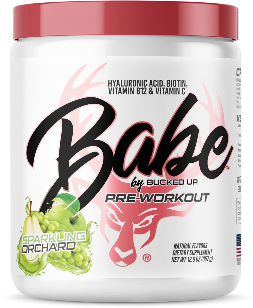 Babe Pre Workout pulveris sievietēm ; dzirkstošais augļu dārzs; 6g Citrullīna, 2g beta-alanīna, 100mg hialuronskābes, 5mg biotīna un 5 citas reģistrētas sastāvdaļas; 30 porcijas; 12,6 OZ