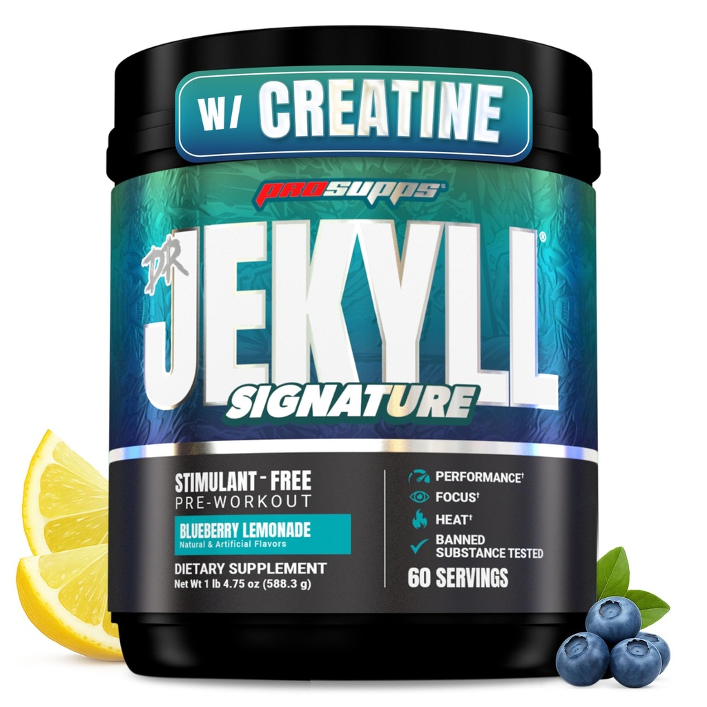 ProSupps Dr. Jekyll Signature Pre Workout Pulveris ar kreatīnu - bez nodoma Preworkout Atbalsta Fokuss & Izturība - bez kofeīna Vingrošanas un fitnesa bagātinātāji (Melleņu lemonāde, 60 Kalpojumi)