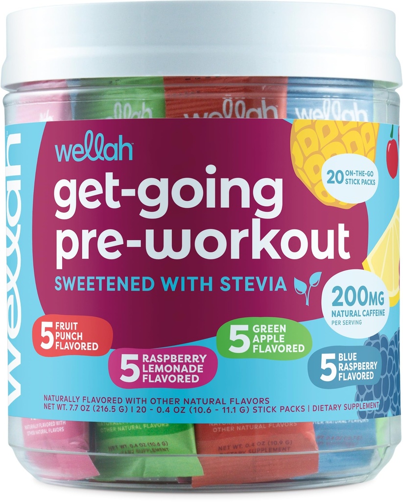 Wellah Get-Going Pirms-Workout Variety Pack (20 Stick Packs) - 200mg Dabiskais kofeīns, Stevia-Sweeted, ar Citrulline Malate un L-Teanīnu, & 1000mg Beta-Alanine