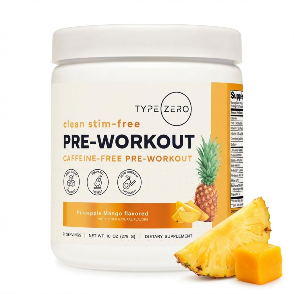 Tips Zero Clean Stim Free Pirms Workout Pulveris + Slāpekļa oksīda pastiprinātājs ar L-Citrulīns Malate, Arginīns AKG, Beta Alanīns - Kofeīns & Stimulants Bezmaksas - Ananass Mango Flavor, 21 Kalpo